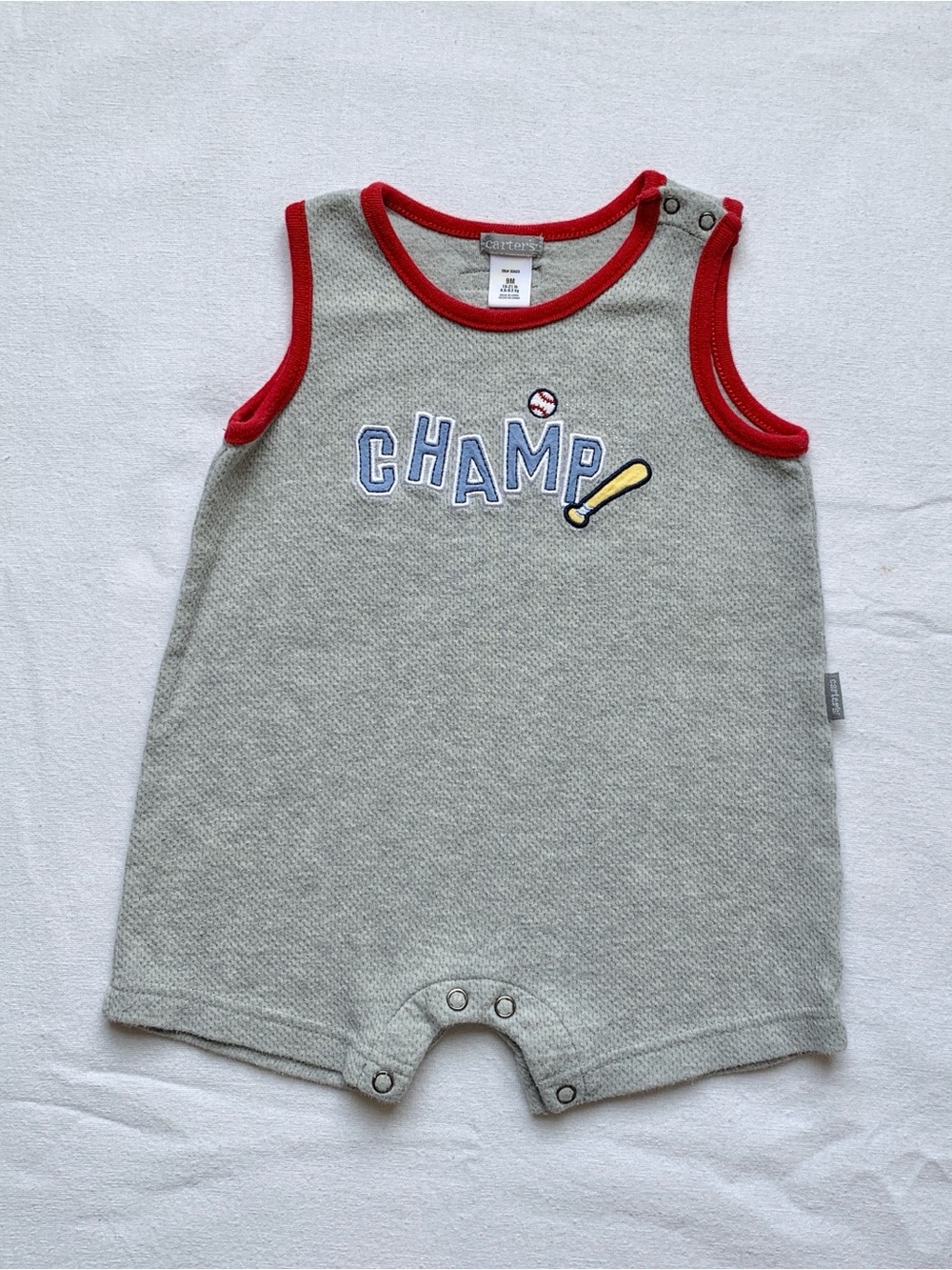 Carter’s Baseball Champ Bat & Ball Embroidered Gray & Red Sleeveless Romper 9M